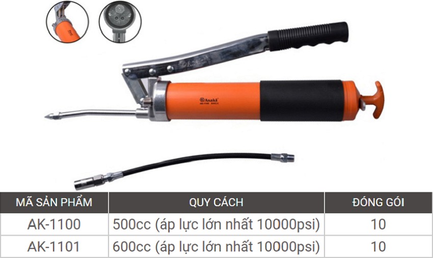 Súng Bơm Mỡ 2 Xy Lanh Cao Cấp(Áp Lực Lớn 10000 Psi) Asaki AK-1101